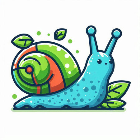 Cartoon funny snail with green leaves on a white background. Vector illustration.のイラスト素材