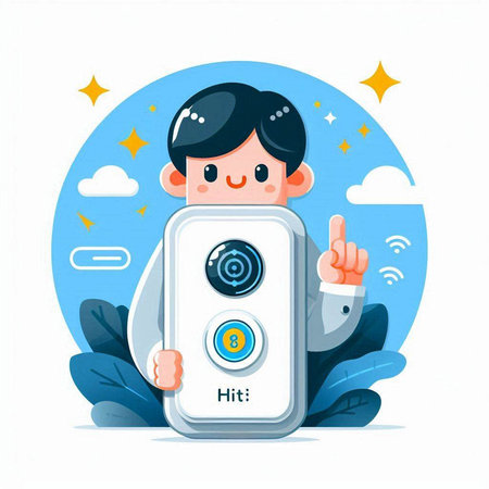 Cute little boy holding smart phone. Vector cartoon character illustration.のイラスト素材