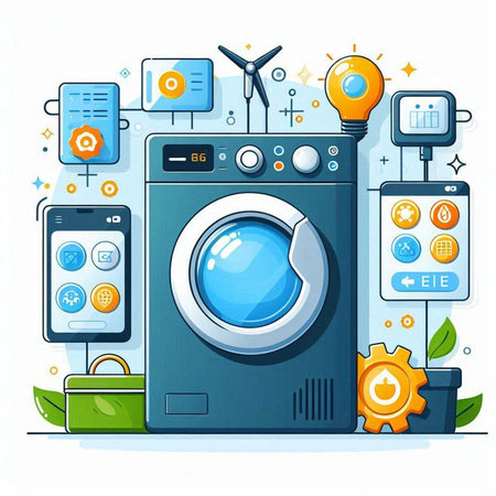 Vector illustration of washing machine with different icons on white background in flat style.のイラスト素材