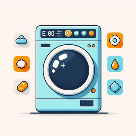 Washing machine with icons. Vector illustration in flat design style.のイラスト素材