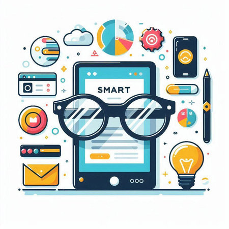 Smartphone with glasses and web icons. Vector illustration in flat styleのイラスト素材