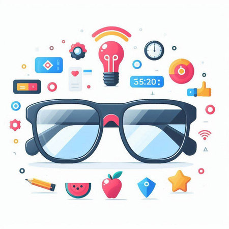 Eyeglasses with social media icons. Vector illustration in flat styleのイラスト素材