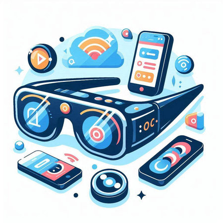 Modern flat design vector illustration concept of augmented reality. VR glasses, gamepad, mobile phone, wireless headphones, virtual reality glasses.のイラスト素材