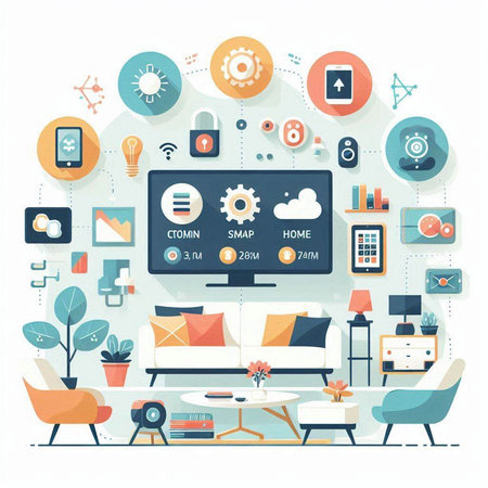 Flat design modern vector illustration concept of living room with furniture, sofa, coffee table, coffee cup, tv set, social network, internet communication, cloud computing.のイラスト素材