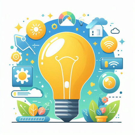 Lightbulb with social media icons. Vector illustration in flat styleのイラスト素材