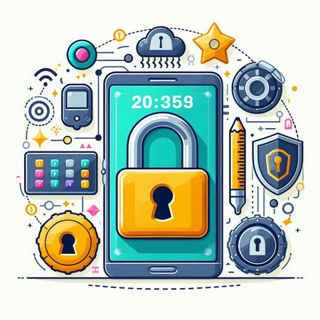 Cyber security concept with smartphone and padlock. Flat design vector illustration.のイラスト素材