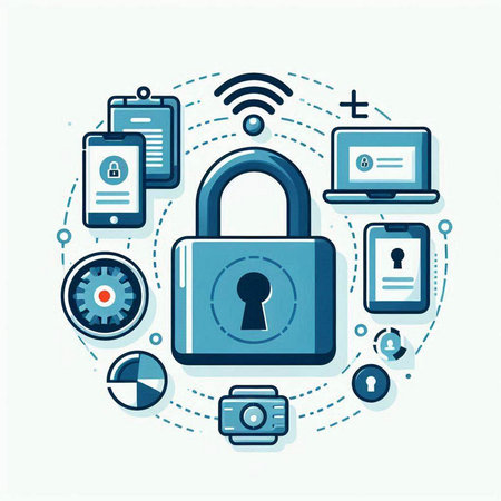Cyber security concept with padlock and technology icons. Vector illustrationのイラスト素材