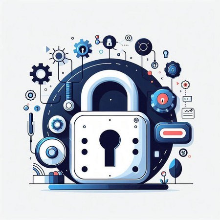 Cyber security concept with padlock and technology elements. Vector illustrationのイラスト素材