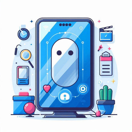 Smartphone with funny face in the screen. Flat design vector illustration.のイラスト素材