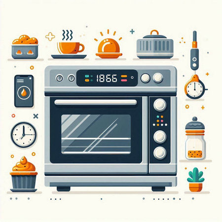 Kitchen equipment. Oven, stove, gas stove, microwave, oven, coffee grinder, oven, cupcake. Vector illustrationのイラスト素材