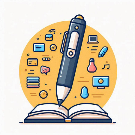 Pen and book. Modern thin line flat design. Vector illustration.のイラスト素材