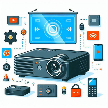 Vector illustration of projector, video projector, remote control and multimedia equipment.のイラスト素材