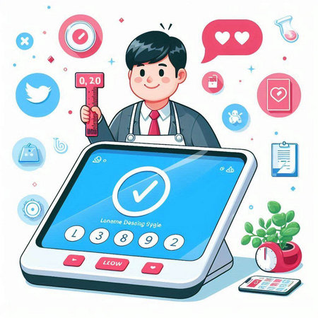 Vector illustration of a male doctor using a tablet computer with medical icons aroundのイラスト素材