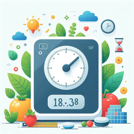 Healthy lifestyle concept with weight scale, apple, clock, hourglass. Vector illustrationのイラスト素材