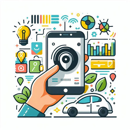 Smart car sharing. Smartphone with map pin on the screen. Vector illustrationのイラスト素材
