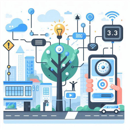 Smart city concept. Vector illustration in flat design style. Mobile phone, smart bus, smart tree, internet of things.のイラスト素材