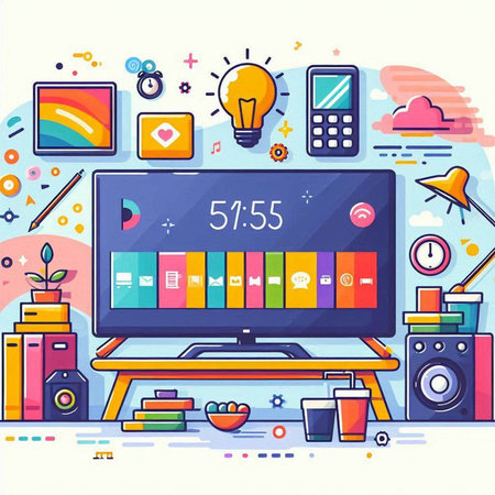 Vector illustration of creative office workspace with computer monitor, stationery, lamp and other items.のイラスト素材