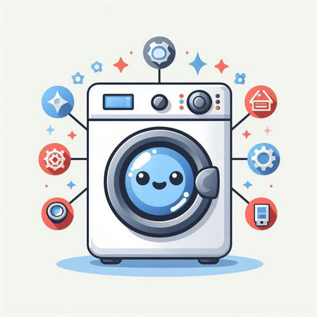 Washing machine with different icons. Vector illustration in flat style.のイラスト素材