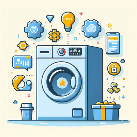 Washing machine and icons set. Vector illustration in flat linear styleのイラスト素材