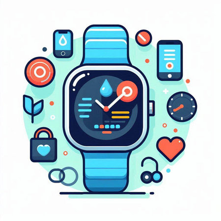 Smart watch with smartwatch and icons. Vector illustration in flat styleのイラスト素材