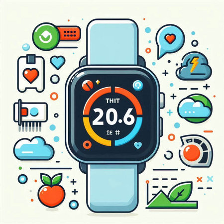 Smart watch with fitness tracker and app icons. Vector illustration in flat styleのイラスト素材