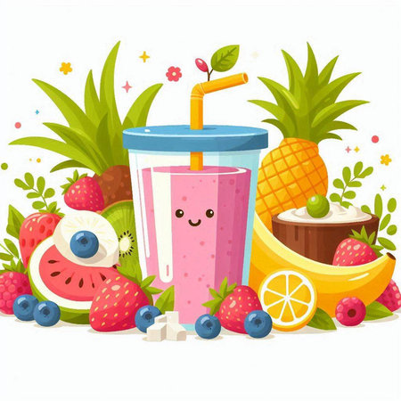 Fruit smoothies in a glass with a straw. Vector illustration.のイラスト素材