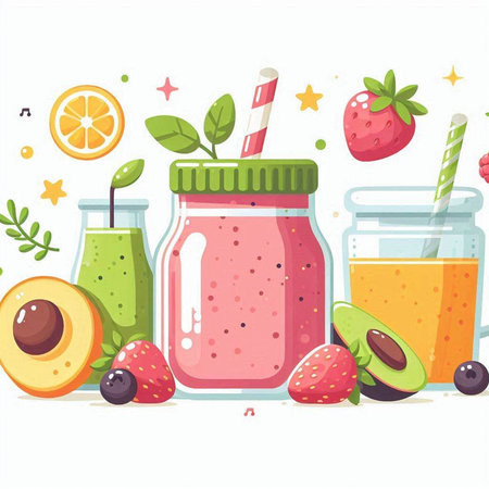 Healthy smoothie in glass jar with ingredients. Vector illustration.のイラスト素材