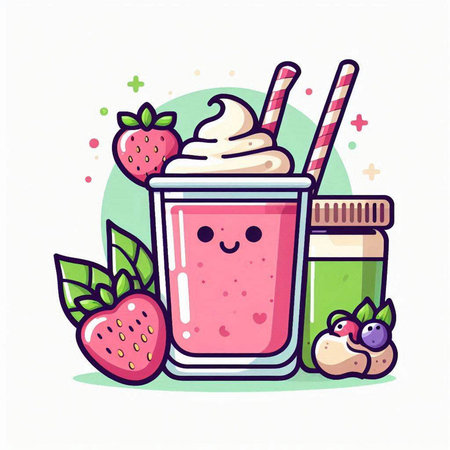 Smiling strawberry milkshake with whipped cream and fresh fruits. Vector illustrationのイラスト素材