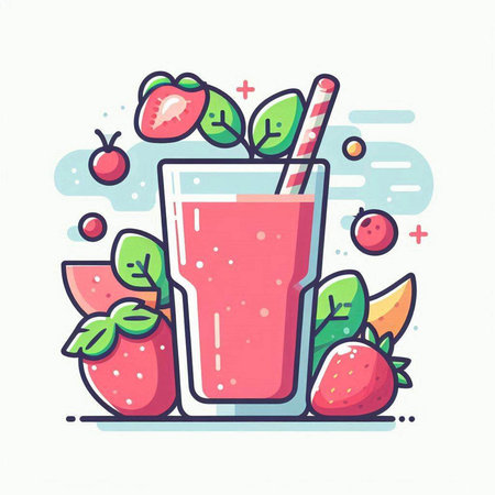 Vector illustration of a glass of strawberry smoothie with straws and fresh fruit.のイラスト素材