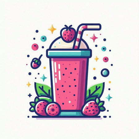Strawberry smoothie with whipped cream and fresh berries, vector illustration.のイラスト素材
