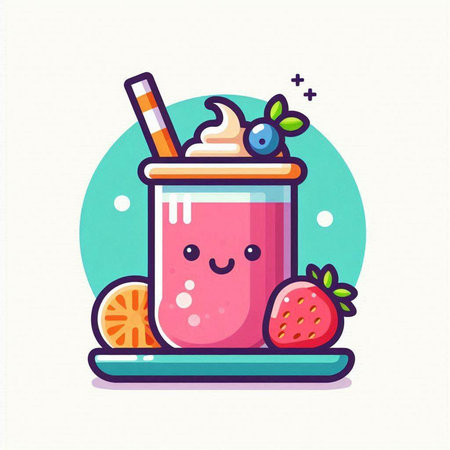 Smiling strawberry milkshake with whipped cream and fruits, vector illustrationのイラスト素材