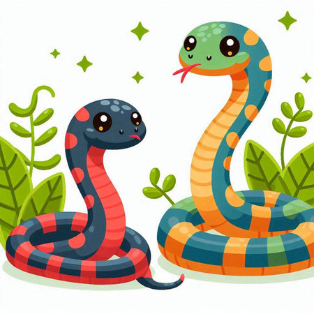 Vector illustration of two snakes in the jungle. Cute cartoon animals.のイラスト素材