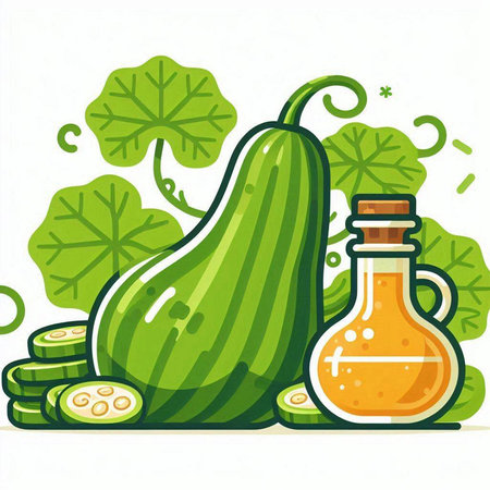 Vector illustration of a cucumber and a bottle of vegetable oil.のイラスト素材