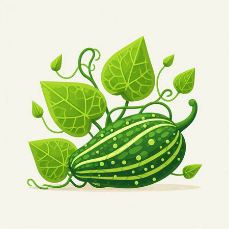 Cucumber with green leaves and tendrils. Vector illustration.のイラスト素材