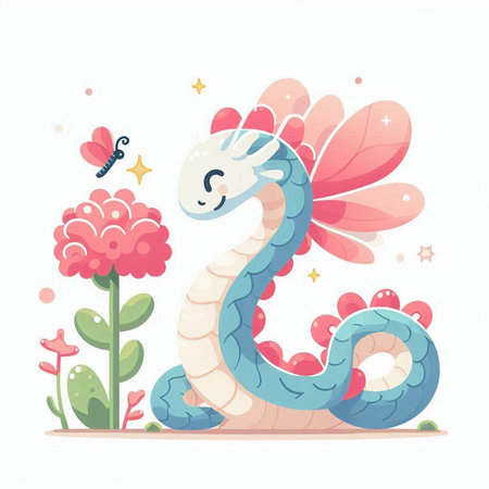 Cute cartoon dragon with flowers. Vector illustration in flat style.のイラスト素材