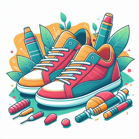 Sneakers and sport equipment on a white background. Vector illustration.のイラスト素材