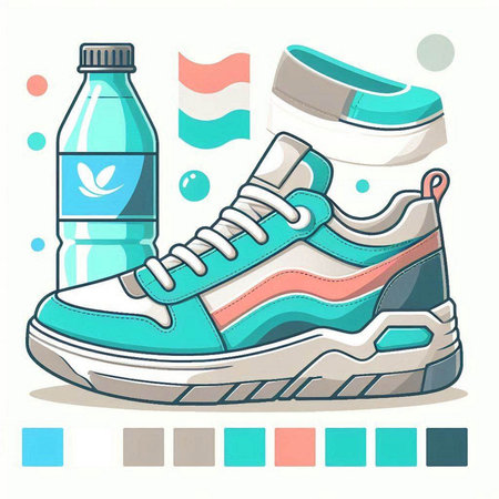 Sneakers and bottle of water. Vector illustration in cartoon style.のイラスト素材