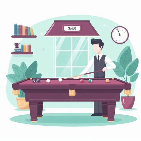 Man playing billiards at home. Vector illustration in flat styleのイラスト素材
