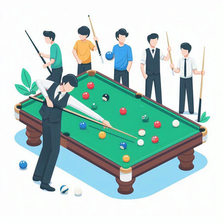 Billiard concept. Group of men and women playing snookerのイラスト素材
