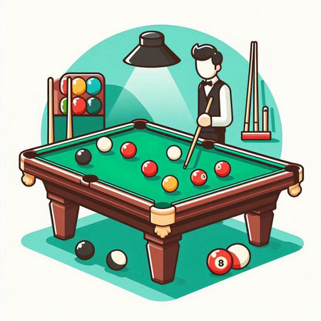 Billiard table with balls and cue. Vector illustration in cartoon style.のイラスト素材