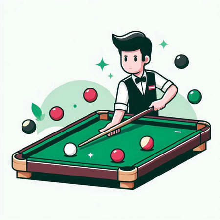 Billiard player on green billiard table with balls. Vector illustration.のイラスト素材