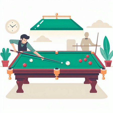 Young man playing billiards. Vector illustration in cartoon style.のイラスト素材