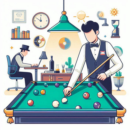 Vector illustration of a billiard room with a man playing billiardsのイラスト素材