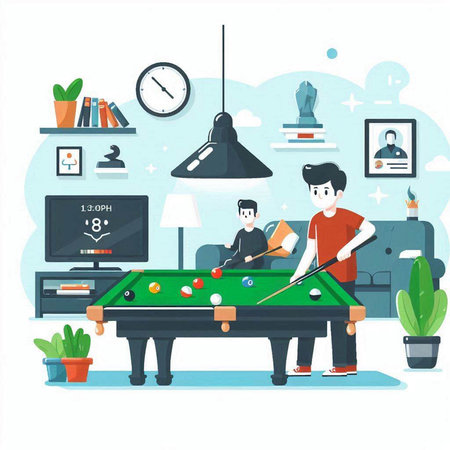 Man playing billiards at home. Vector illustration in flat styleのイラスト素材