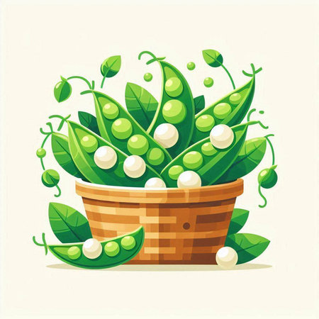 Green peas in a basket. Vector illustration of a cartoon style.のイラスト素材