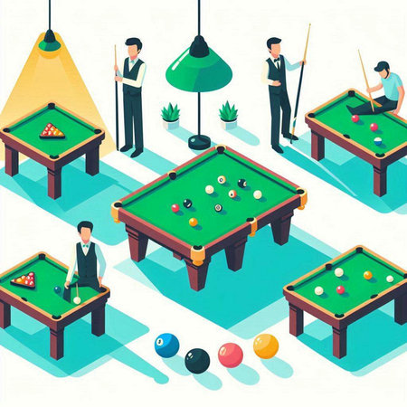 Billiards isometric composition with people playing billiards and having fun vector illustrationのイラスト素材