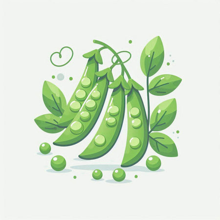 Green peas on a branch with leaves. Vector illustration in cartoon style.のイラスト素材