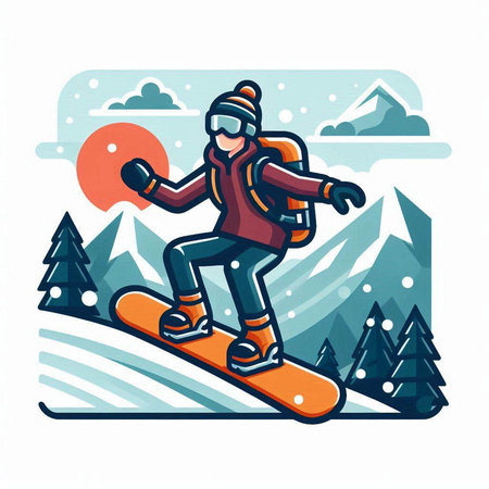 Snowboarder in mountains, vector illustration. Snowboarder on the slope.のイラスト素材