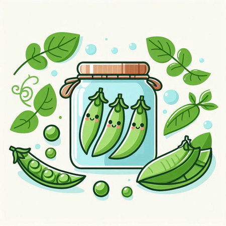 Green peas in a glass jar with green leaves. Vector illustration.のイラスト素材