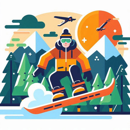 Snowboarder in the mountains. Vector illustration in flat style.のイラスト素材